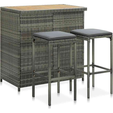 Ensemble Table de bar + 2 Chaises de bar - Table Haute avec 2 Tabourets Résine tressée Gris BV278685 - BonneVie (1/5)