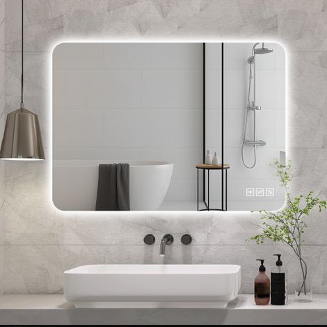 Specchio da bagno a LED 70×90 cm – Specchio da parete retroilluminato senza cornice, dimmerabile con controllo touch, 3 temperature di colore (3000K/4000K/6000K), antiappannamento, specchio HD senza r (1/5)