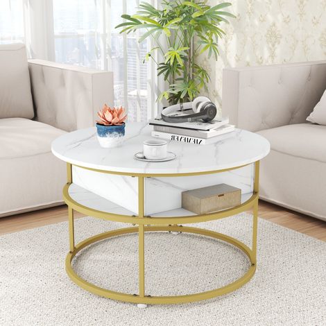 Table Basse à Plateau Relevable Table d'Appoint Ronde de 80 cm avec Compartiment Caché et Étagères Latérales Blanc (1/3)