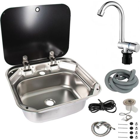 RV Évier de camping avec robinet d'eau chaude et froide, 42 x 37 x 15 cm, en acier inoxydable, évier de camping avec couvercle, évier de camping-car pour camping-car et caravane (1/5)