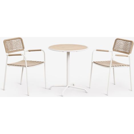 SKLUM Runder Gartentisch-Set Ø65 cm und 2 stapelbare Gartenstühle aus Stahl und Akazienholz Tilda Gardenia Weiß (1/5)