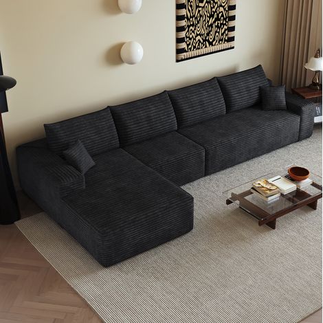 Canapé d’angle modulaire 340x170x85 cm noir en tissu côtelé avec méridienne réversible sans montage (1/5)