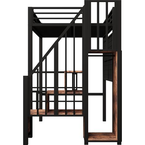 Lit mezzanine 90 x 200 cm en métal et MDF noir avec armoire, échelle de rangement et LED 7 couleurs (1/5)