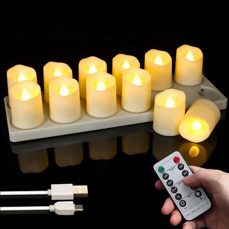 Lot de 12 bougies chauffe-plat LED rechargeables, fonction minuterie, scintillement blanc chaud, télécommande, décoration intérieure
