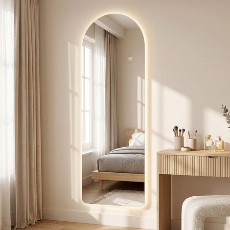 Grand miroir mural 120 x 40 cm avec éclairage LED miroir arqué, intensité variable et 3 couleurs d'éclairage transparent (1/5)