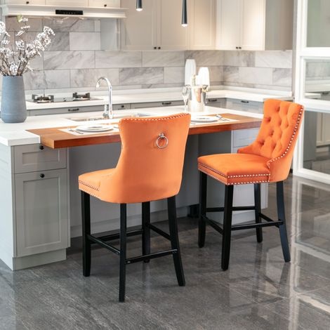 DESMIU Tabouret de bar avec dossier en velours, pieds en bois massif, orange (1/5)