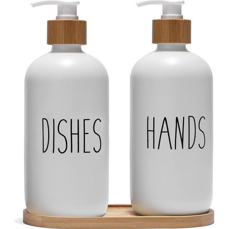 Juego de 2 dispensadores de vidrio blanco con bomba de bambú y jabonera, para fregadero de cocina o baño. (1/5)