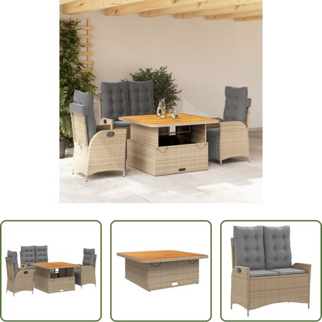 Gartenbank - 4-tlg. Garten-Essgruppe mit Kissen Beige Poly Rattan (1/5)