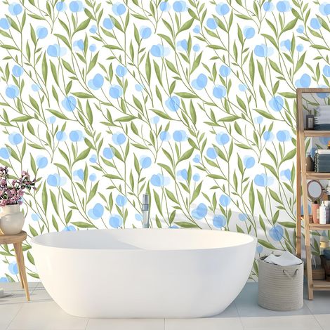 CCYKXAPapier Peint Floral Bleu, 44 x300 cm Papier Peint Bleu Fleur Vert Feuille Botanique Bohême Papier Autocollant pour Meuble,Chambre,Salon,Salle de Bain (1/5)