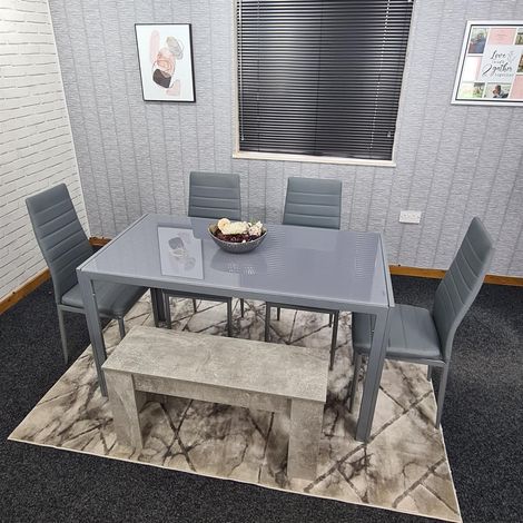 Dining Table and 4 Chairs With a Bench Grey Glass 4 Leather Chairs Dining Room Furniture (1/5)