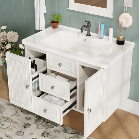 Mueble de lavabo suspendido de MDF blanco con lavabo cerámico 78,5 x 46 x 46,8 cm (1/5)