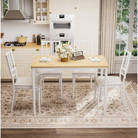 MODFU – Set tavolo da pranzo con 4 sedie 110x60x76,5 cm in acciaio e pannelli, stile industriale, salvaspazio, sedute in PU e schiuma – Naturale e bianco (1/5)