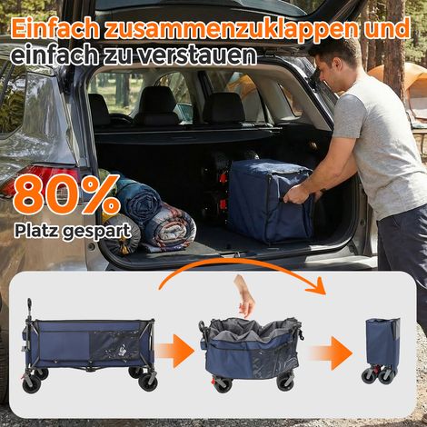 Chariot de transport pliable XXL 300L, charge max 250KG, brouette pliante extra-large 130cm avec roues tout-terrain 17x10cm, montage instantané breveté 4 directions, bleu (1/5)