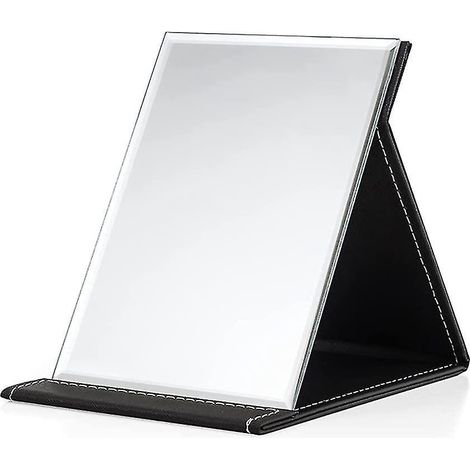 Miroir de courtoisie pliable portable, miroir de voyage, miroir de bureau pliable avec revêtement en cuir PU pour coiffeuse et voyage (noir) - (1/5)
