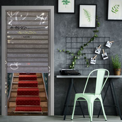 Sticker mural trompe l'oeil 204 cm X 83 cm, escalier en pierre et tapis rouge, décoration murale décorative. (1/5)