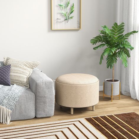 Pouf rond repose-pieds tabouret avec coffre de rangement, plateau réversible 3 en 1, pied en bois, beige