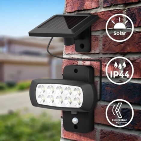Lampe solaire LED extérieur IP44, détecteur de mouvements PIR, projecteur mural maison terrasse balcon noir, protégé contre des éclaboussures, lumière blanche froide 6500K