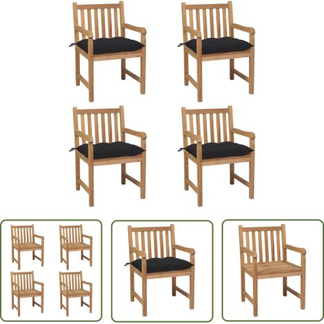 The Living Store Chaises de jardin lot de 4 et coussins noir Bois de teck solide - Chaise De Jardin - Mobilier De Jardin - Meubles De Jardin - Set De Chaises - Terrasse (1/5)