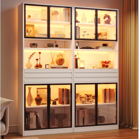 Vitrine haute 80 x 35 x 200 cm avec LED RGB, 8 portes vitrées, 1 tiroir, MDF, gain de place pour salon - blanc (1/5)