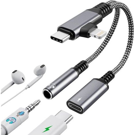 1 Adaptateur 2-en-1, Connecteur Lightning et USB-C vers Jack 3.5mm, Charge 60W, Audio 48kHz/24bits, Smartphone Tablette (1/5)