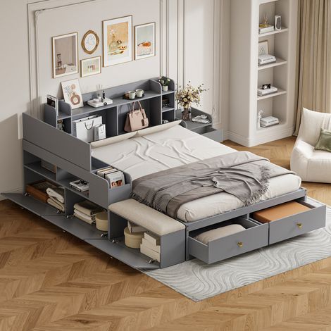 Letto adulti 140x200 cm con testiera, vano portaoggetti integrato, cassetto, comodino e sgabello, senza materasso, grigio (1/5)