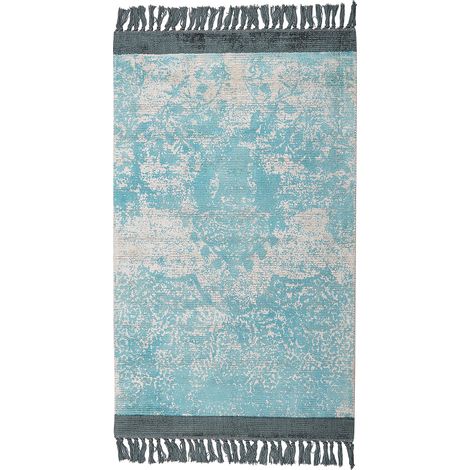 Alfombra de viscosa azul claro beige 80 x 150 cm algodón flecos envejecido Akarsu