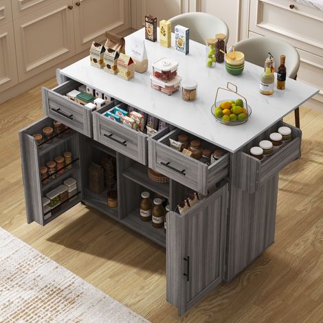 Carrello da Cucina con 3 Cassetti 3 Ante Ripiani Regolabili Piano Ribaltabile Portasciugamani 139×46(71)×91.5 cm (1/5)