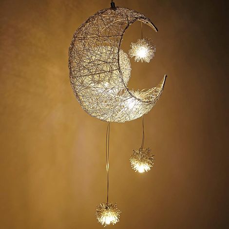 Wottes – Suspension luminaire moderne lune étoiles 5 ampoules G4 – Aluminium résistant – Ø25cm – Lumière blanche chaude – 110-220V