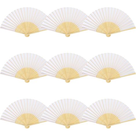 9 éventails pliants, éventails à main, éventails en tissus orientaux, éventail pliant pour décoration murale, éventail à main en soie et lamelles de bambou, éventail chinois (blanc) (1/5)