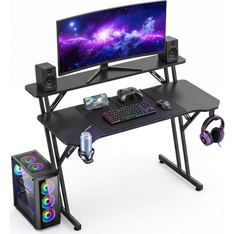 Jiubiaz Table gaming 120x60 cm bureau PC à étagère pied en Z grand tapis noir (1/5)