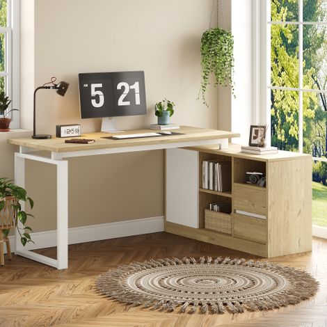 Bureau d'angle 152x113,5x76 cm - avec 2 tiroirs, 3 étagères ouvertes, 1 casier - étagères réglables - Naturel et blanc