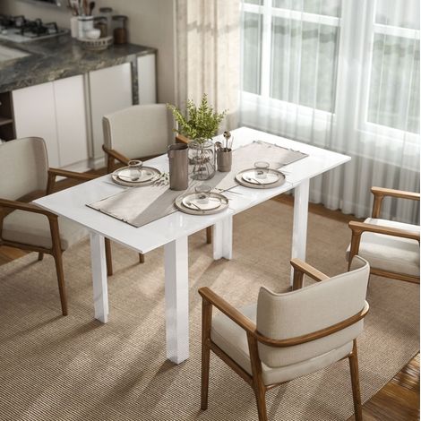 Mesa de comedor extensible 120-160 x 80 x 78 cm en blanco brillo, de MDF con mecanismo mariposa (1/5)