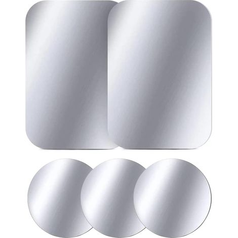Plaque Métallique pour Support Téléphone Voiture Lot de 5 Plaque Métal Autocollante pour Aimant Téléphone Voiture, 3 Ronde et 2 Rectangle, Argent (1/5)