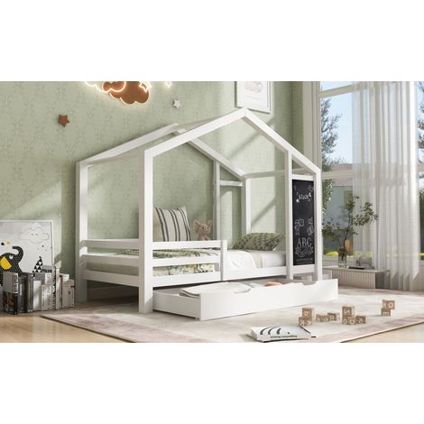 Lit pour enfants ou lit de maison, dimensions : 90 x 200 cm. Lit en bois, avec un dessus-de-lit et 2 tiroirs. Bois massif, avec cadre et sommier en planches. Couleur blanche (sans matelas). (1/5)