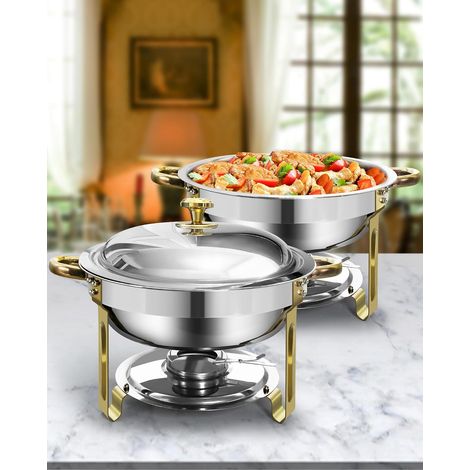 Réchaud Buffet 6L, Rond en INOX, Or et Argent, 2PCs Chafing Dish for Buffet Set, Support de Couvercle, Pour réceptions, Mariages (1/5)