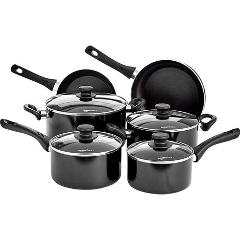 Ensemble de batterie de cuisine 6 pièces anti-adhésifs avec couvercles, pour plaques à induction, Noir (1/5)