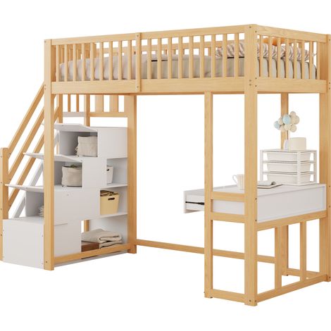 Cama Alta 90 x 200 cm, Cama Individual con Escritorio y Escalera con Almacenaje, sin Colchon (1/5)