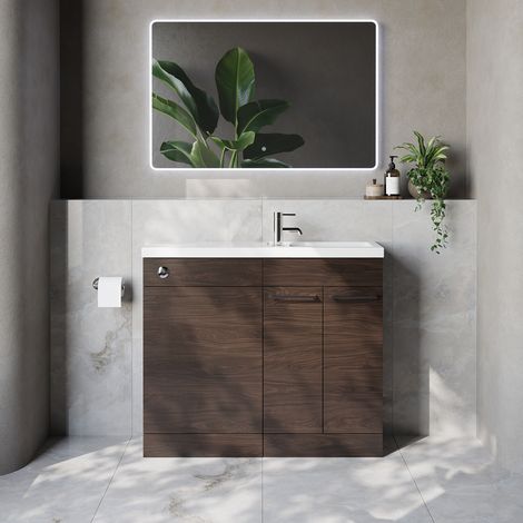 Napoli 250 Brown Oak 1000mm 2 Door Vanity Unit Toilet Suite with Square Silvo Basin - 1000mm - Chrome 160mm HandleWithout Kingston Toilet Pan
