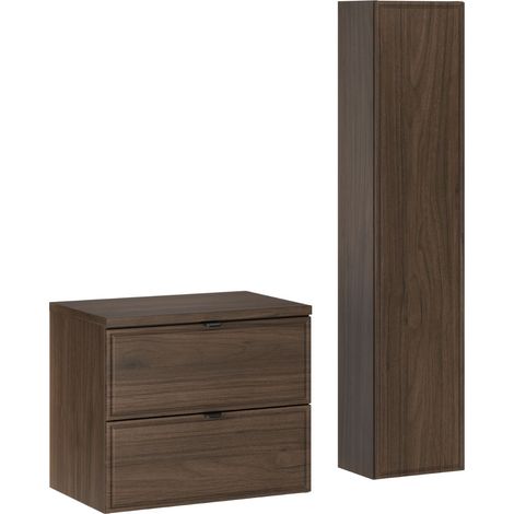 Ensemble meuble salle de bain suspendu 60 cm TERRA VILLA noyer foncé avec plan et colonne 30 x 140 cm