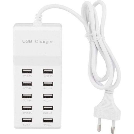 Fdit 10 USB Wall Charger, Multi-Port USB Charging Station, 100-240V Travel USB Hub Power Strip with Cord for Multiple Devices (EU) (1/4)
