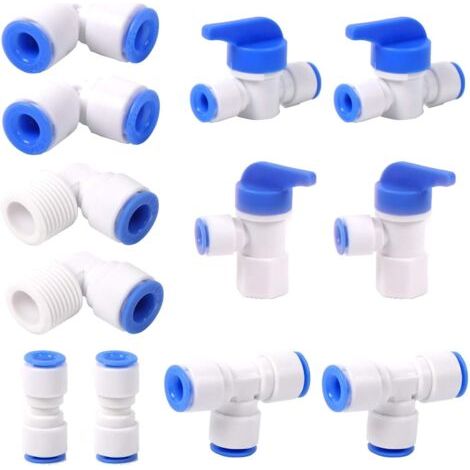 12 Pièces Raccords de Filtre à Eau, Raccord Droit de 1/4" pour Tuyau D'eau, Raccord de Tuyau D'eau (T + I + L Type Combo + Robinet D'arrêt) (1/5)