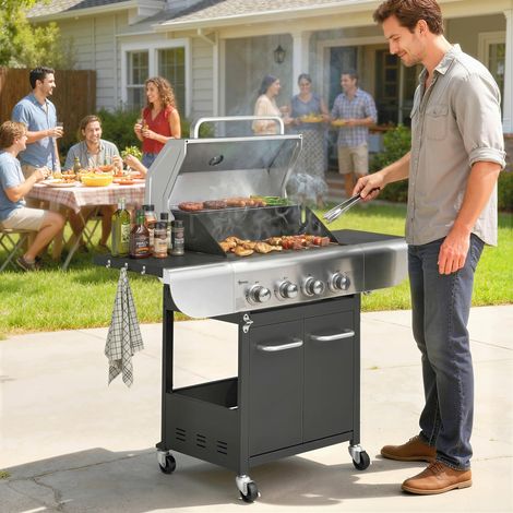 Barbacoa de Gas con 4 Quemadores 12,8 kW Termómetro Parrillas de Hierro Fundido Mesas Laterales Armario y Ruedas Negro (1/5)