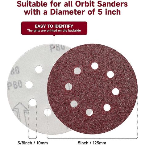 165 feuilles de papier de verre de 5 pouces, sangle Velcro ronde, compatibles avec toutes les ponceuses à chenilles, tailles de grain disponibles : 40, 60, 80, 120, 150, 240, 320, 400, 600. (1/5)