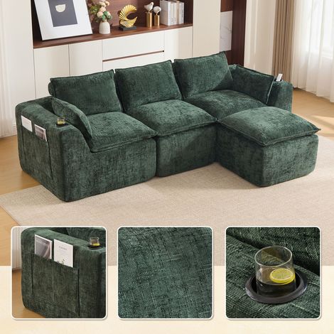 Canapé modulable, canapé 3 places, repose-pieds, coussins,porte-gobelets et 2 poches latérales.Garnissage en mousse,ressorts.Tissu chenille vert foncé (1/5)