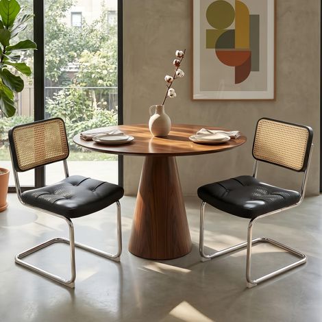 Lot de 2 Chaises - placage en rotin, Similicuir Rembourré et Base en Métal Chromé, Design Moderne Breuer, Noir (1/5)