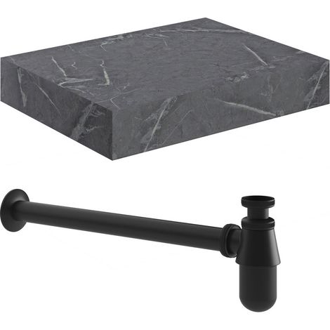 Signature Grove Wall Hung Basin Shelf with Black Bottle Trap 600mm Wide - Grey Marble (1/2)