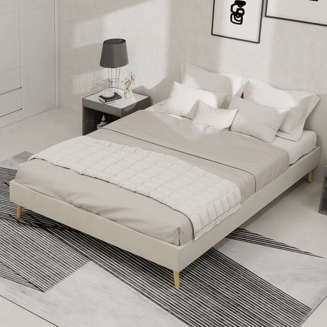 Cadre lit 140x200 cm minimaliste velours néerlandais beige coffre bas sans tête ni matelas (1/5)