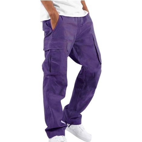 Pantalon cargo homme polyester, teinte lilas, taille XL, multi-poches robustes, idéal travail et loisirs. (1/5)