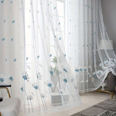 JSSEVN - One-piece tulle curtain with dragonfly and flower design, country-style embroidered gauze living room decoration curtain, 140x260cm, iron ring (1/5)