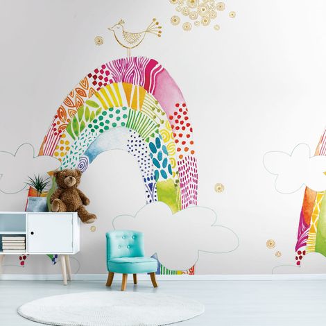 Fototapete Profhome 392151 heißgeprägte Vliestapete glatt Kindertapete matt weiß pink gelb blau 2,65 m x 2,8 m
